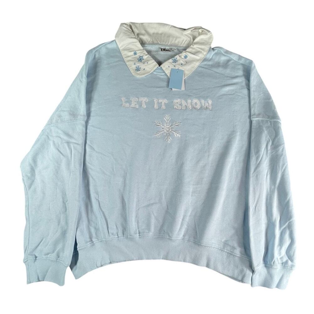 Doe Sweatshirt Womens XL Light Blue Embroidered Light Pullover Snowflakes NWT